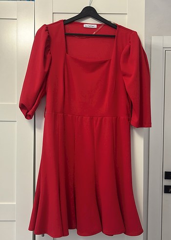Kemerli Kırmızı Midi Elbise - Görsel 4