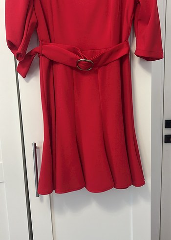 Kemerli Kırmızı Midi Elbise - Görsel 3