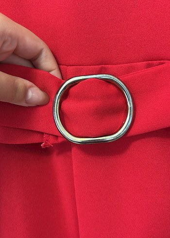 Kemerli Kırmızı Midi Elbise - Görsel 6