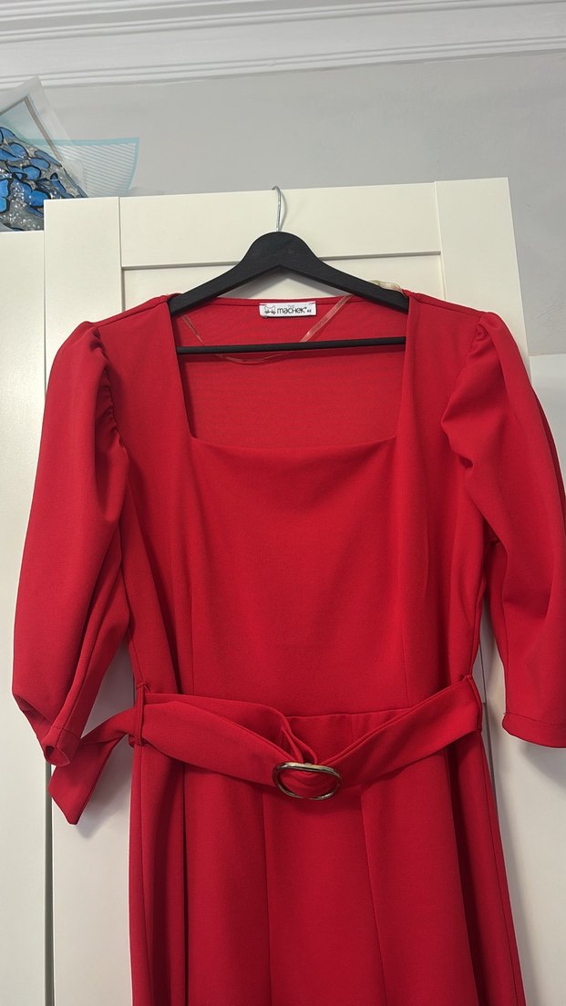 Kemerli Kırmızı Midi Elbise - Görsel 2