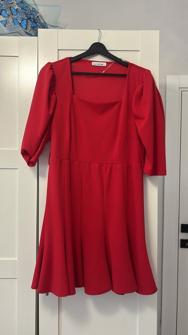 Kemerli Kırmızı Midi Elbise - Görsel 4