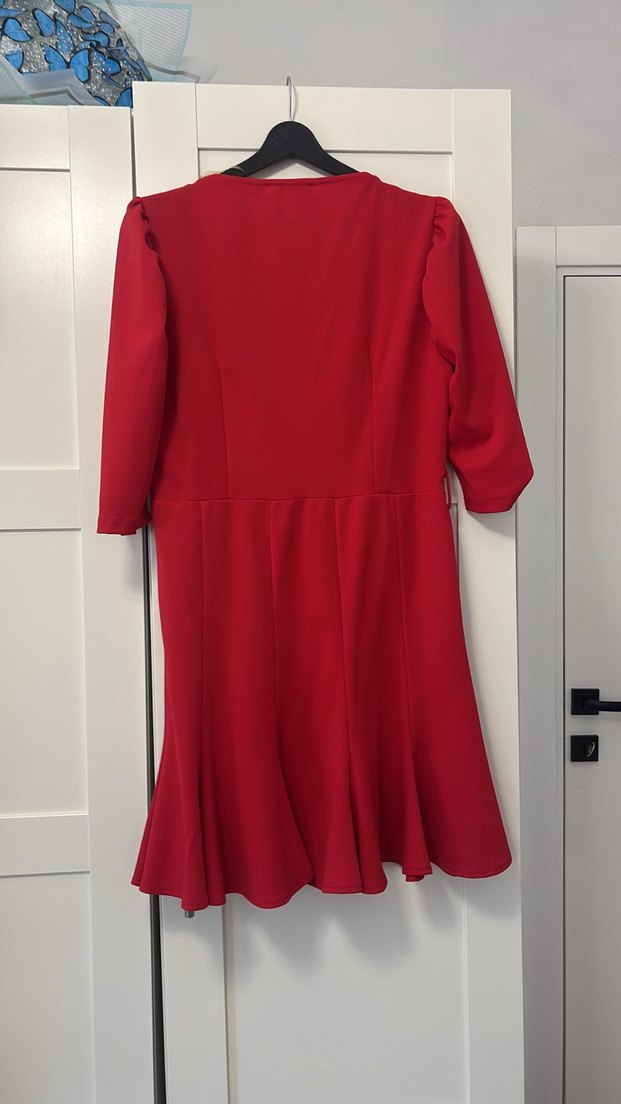 Kemerli Kırmızı Midi Elbise - Görsel 5