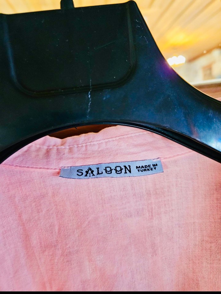 Uzun Kollu Nakışlı Pembe Keten Gömlek - Görsel 2