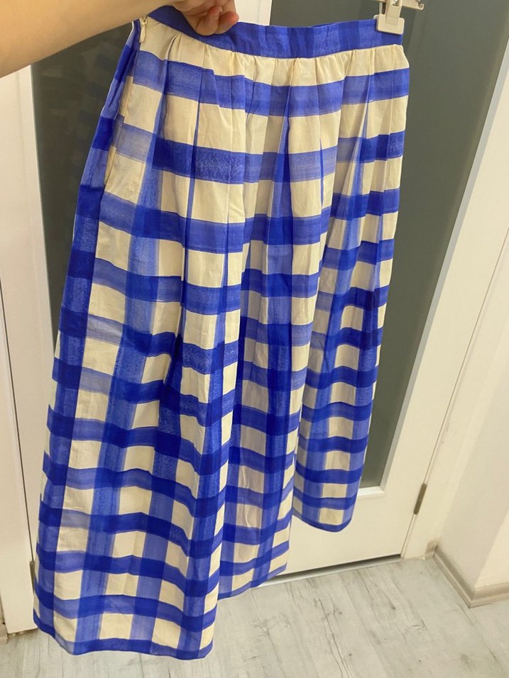 Mavi Ekose Piliseli Midi Etek - Görsel 4