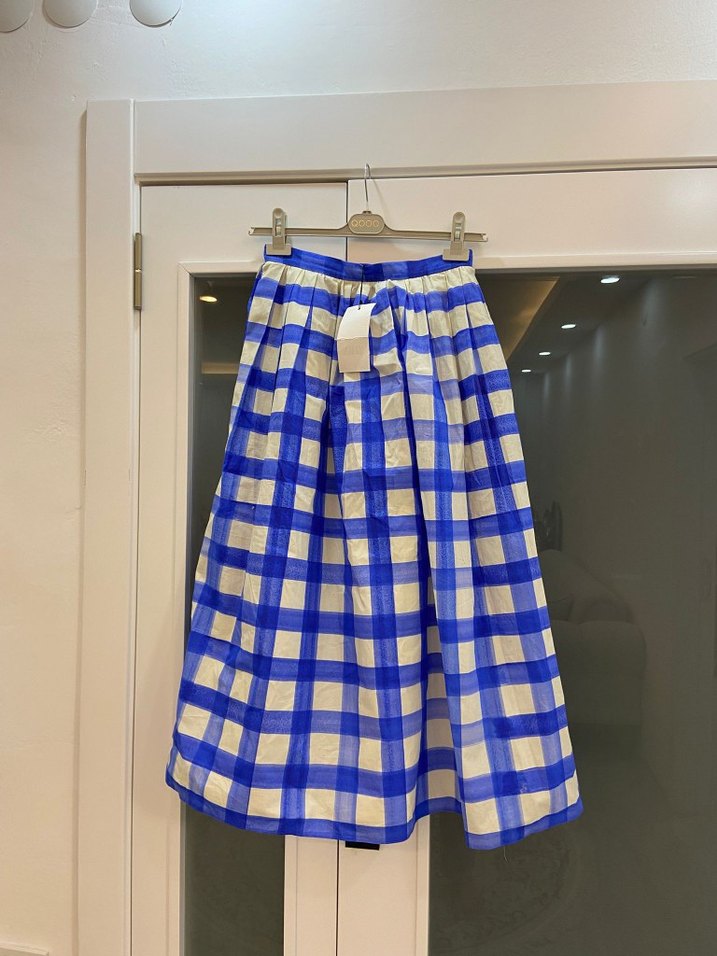 Mavi Ekose Piliseli Midi Etek - Görsel 2