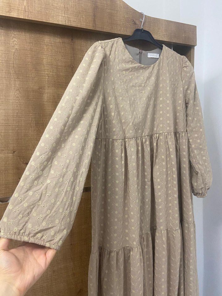 Bej Uzun Kollu Bohem Kadın Elbise - Görsel 5