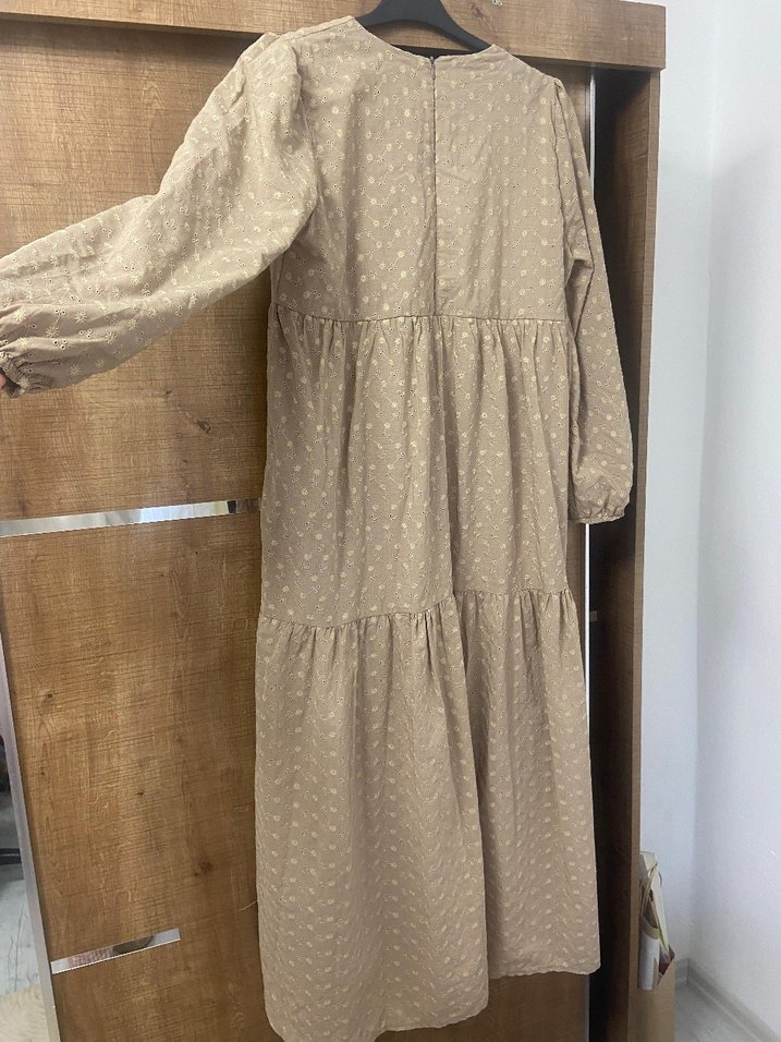 Bej Uzun Kollu Bohem Kadın Elbise - Görsel 2