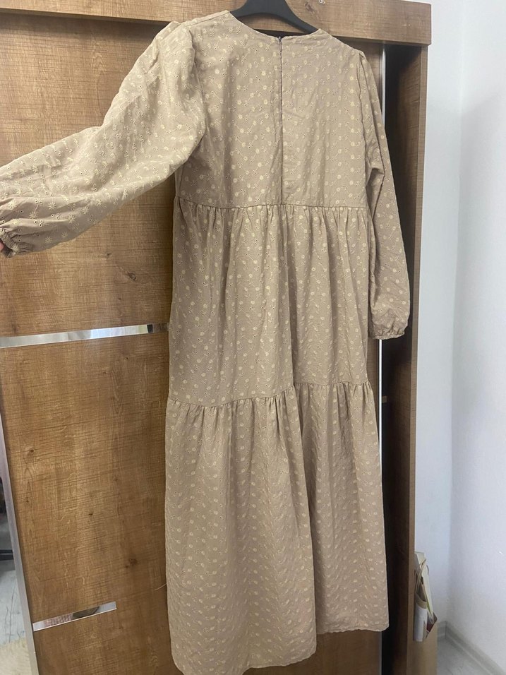 Bej Uzun Kollu Bohem Kadın Elbise - Görsel 4