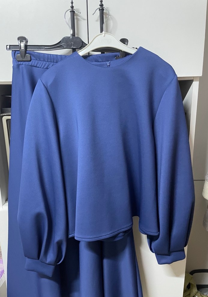 Lacivert Uzun Drapeli Kadın Etek Takım - Görsel 4