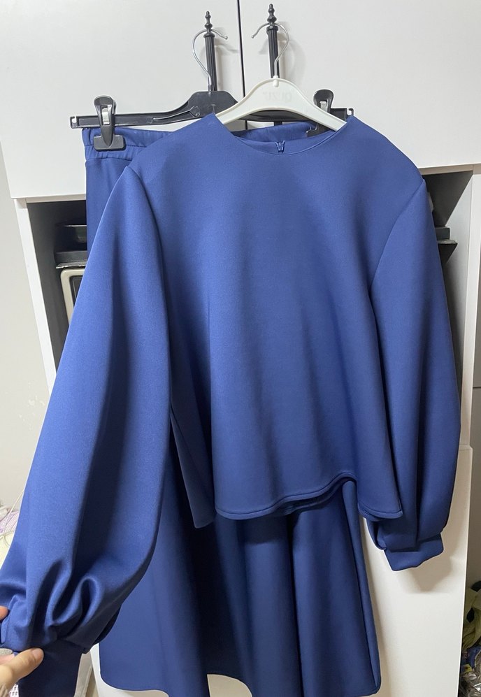 Lacivert Uzun Drapeli Kadın Etek Takım - Görsel 5