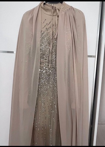 Bej Uzun Kollu Nakışlı Abiye Elbise - Görsel 2