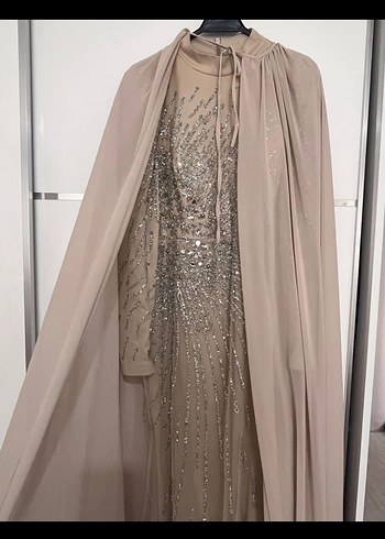 Bej Uzun Kollu Nakışlı Abiye Elbise - Görsel 3