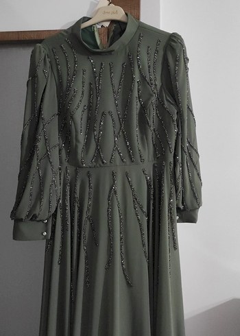 Nakışlı Uzun Kollu Haki Abiye Elbise - Görsel 2