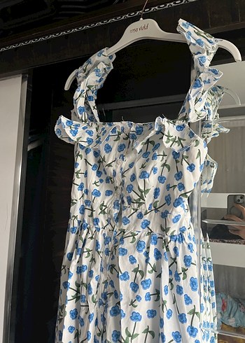 Mavi Çiçek Desenli Uzun Bohem Elbise - Görsel 3