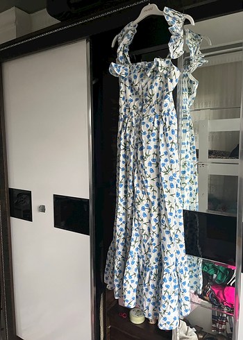 Mavi Çiçek Desenli Uzun Bohem Elbise - Görsel 4