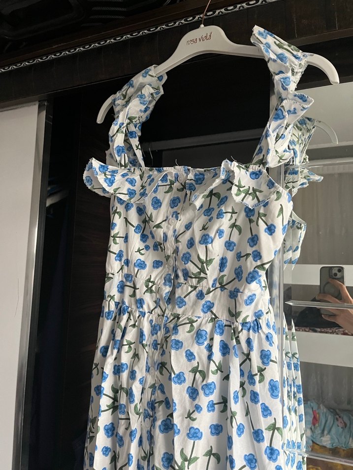 Mavi Çiçek Desenli Uzun Bohem Elbise - Görsel 3