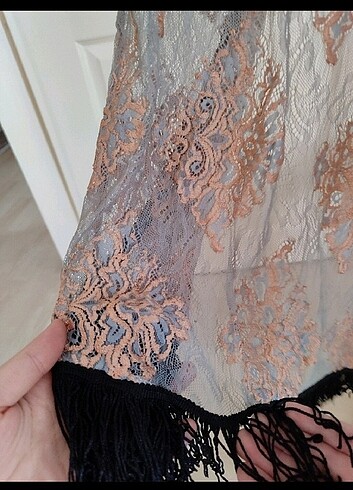 l Beden Hırka Dantel püsküllü siyah krem şık tatlı özel parça