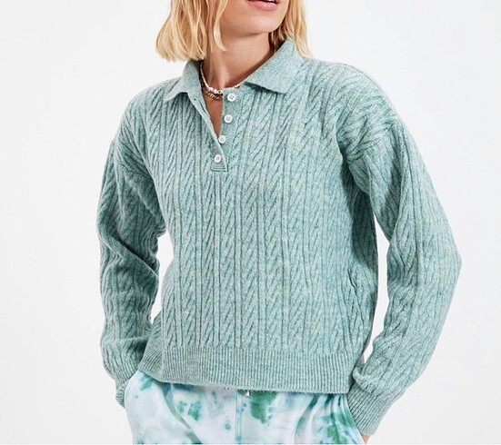 Polo yaka mint düğmeli kazak