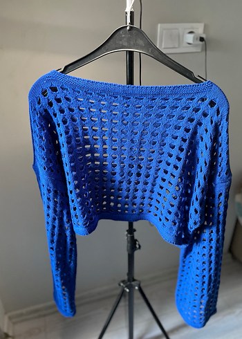 Kadın Mavi Örgü Uzun Kollu Kazak delikli - Görsel 2