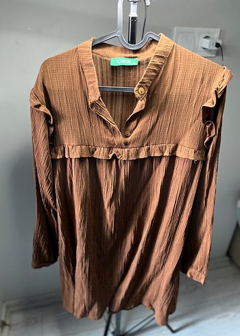 Kahverengi Pilili Keten Kadın Tunik - Görsel 2