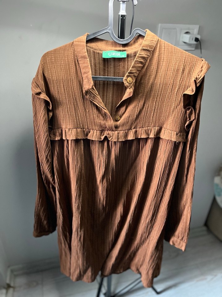 Kahverengi Pilili Keten Kadın Tunik - Görsel 2