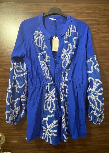 Zara Mavi Nakışlı Bohem Uzun Kollu Bluz