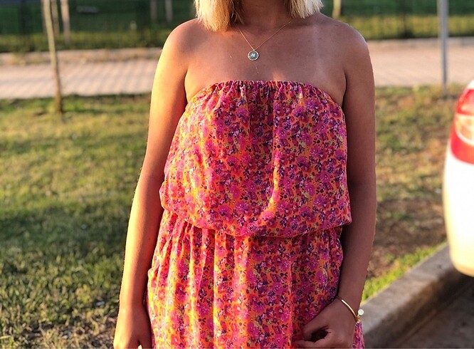 H&M straplez pembe uzun elbise