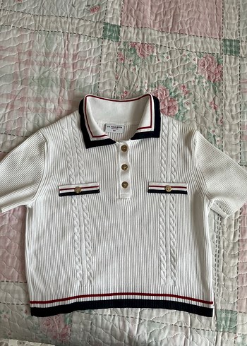 Beyaz Örgü Kısa Kollu Polo Yaka Kazak