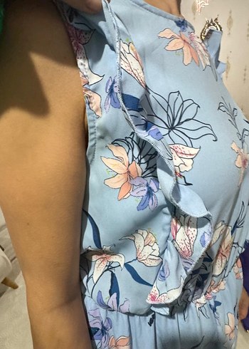 Mavi Çiçekli Volanlı Midi Elbise - Görsel 2