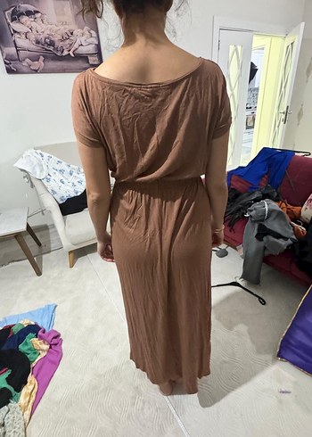 Bej Midi Salaş Elbise - Görsel 4