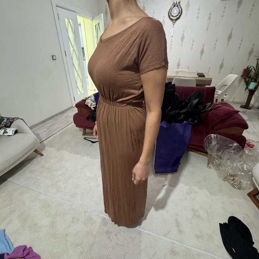 Bej Midi Salaş Elbise - Görsel 3