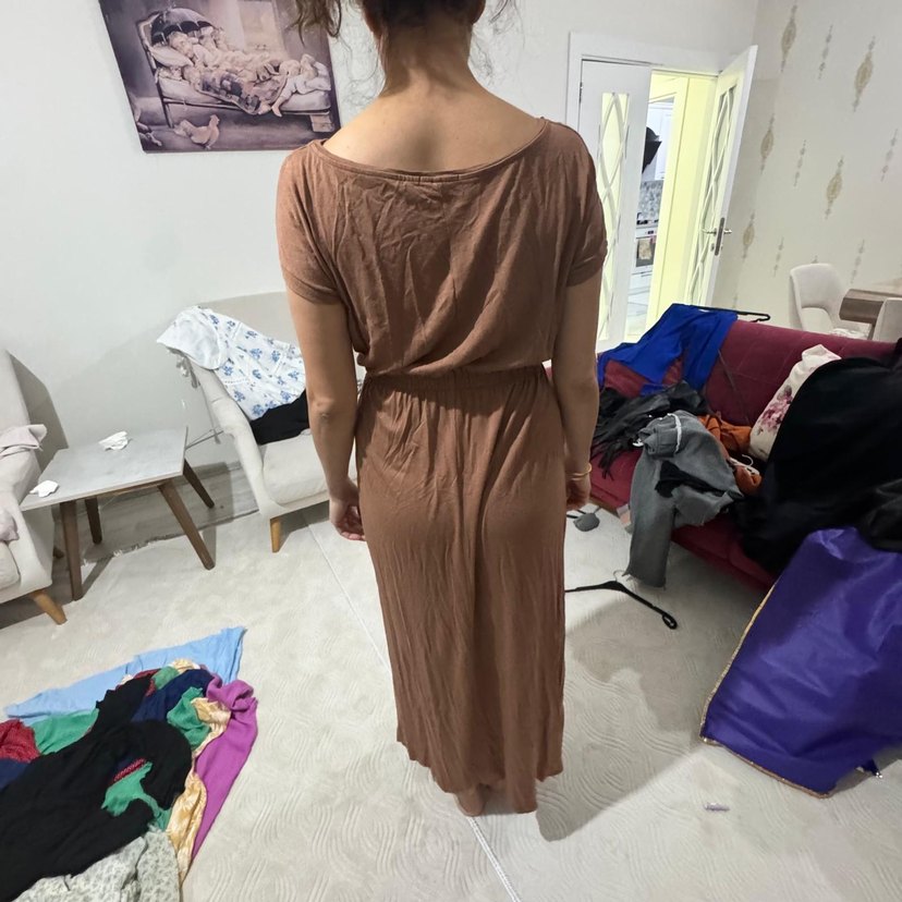 Bej Midi Salaş Elbise - Görsel 4