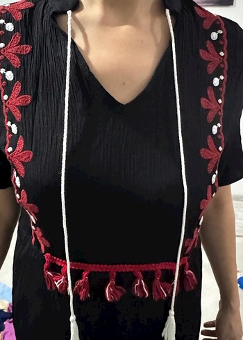 Bordo Nakışlı Bohem V Yaka Elbise - Görsel 2