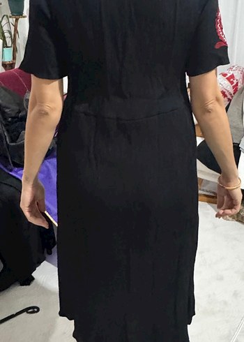 Bordo Nakışlı Bohem V Yaka Elbise - Görsel 3