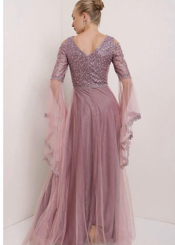 Mor Nakışlı Uzun Kollu Bohem Abiye Elbise - Görsel 2