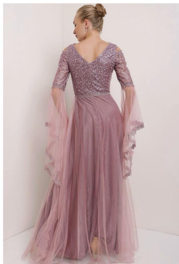 Mor Nakışlı Uzun Kollu Bohem Abiye Elbise - Görsel 2