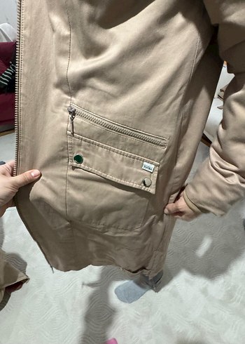 Bej Midi Kadın Ceket, Kürklü Kapüşonlu - Görsel 4