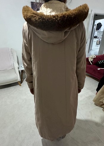 Bej Midi Kadın Ceket, Kürklü Kapüşonlu - Görsel 3