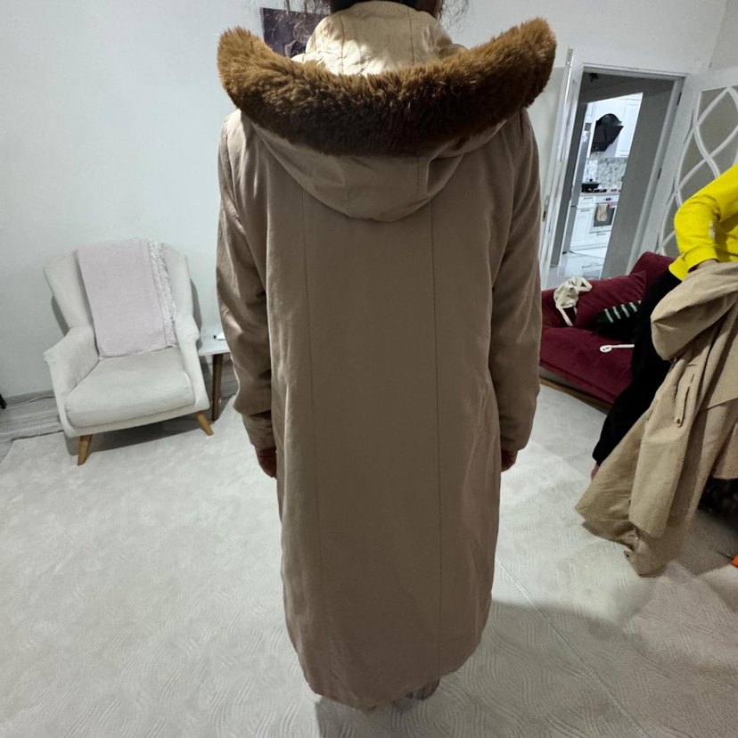 Bej Midi Kadın Ceket, Kürklü Kapüşonlu - Görsel 3
