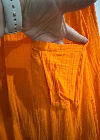 Düğmeli Turuncu Kolsuz Uzun Keten Elbise - Görsel 3
