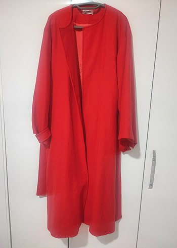 Kemerli Uzun Kırmızı Kadın Palto - Görsel 6