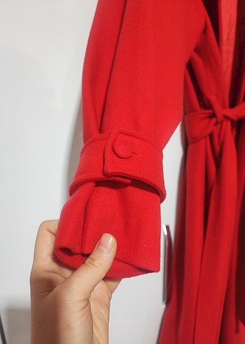 Kemerli Uzun Kırmızı Kadın Palto - Görsel 2