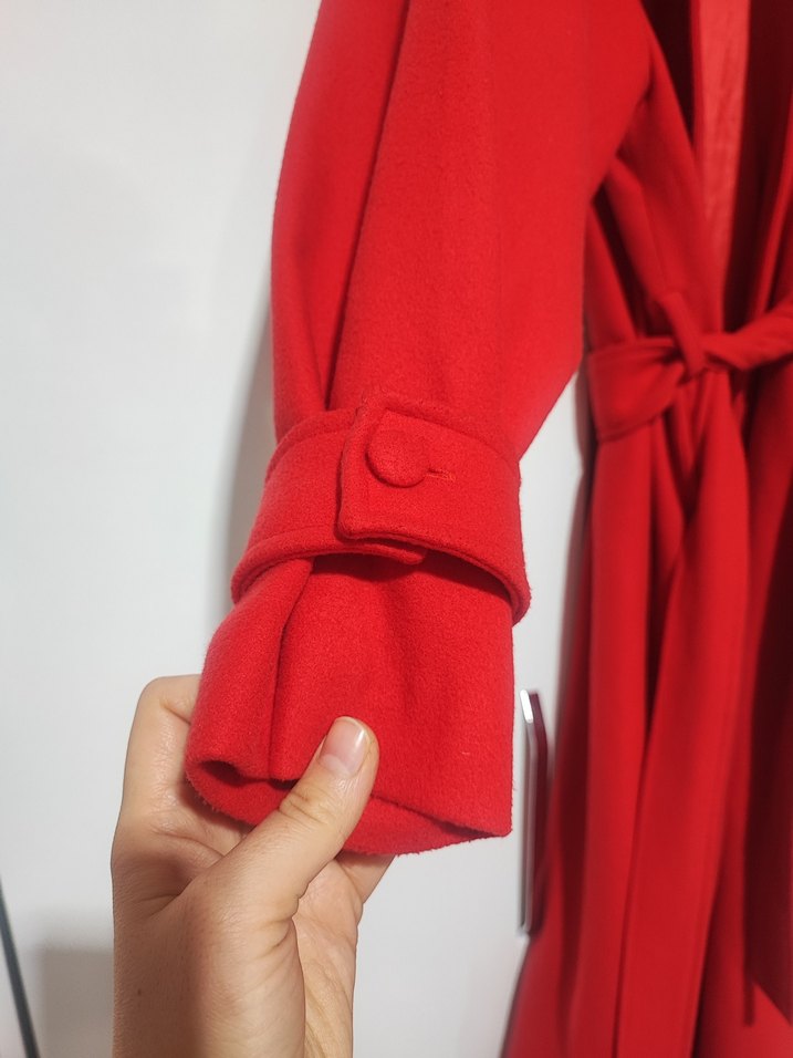 Kemerli Uzun Kırmızı Kadın Palto - Görsel 2