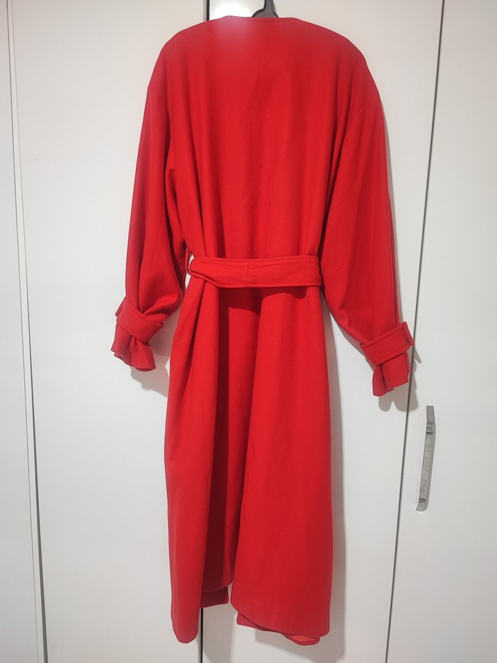 Kemerli Uzun Kırmızı Kadın Palto - Görsel 3