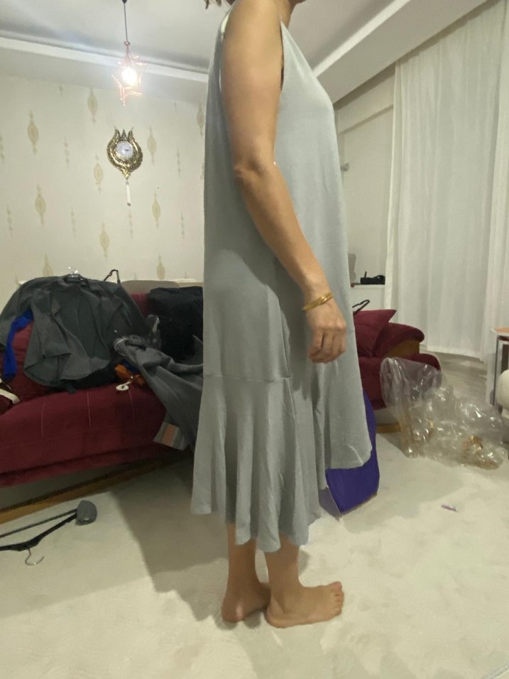 Gri Keten Salaş Midi Elbisesi - Görsel 4