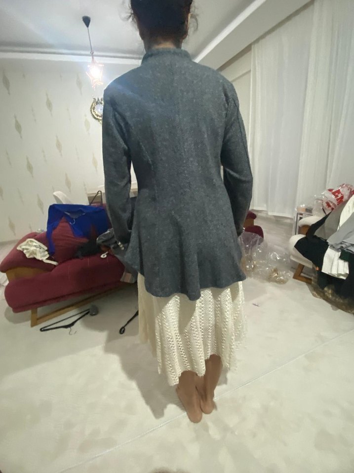 Düğmeli Gri Midi Yün Ceket - Görsel 4