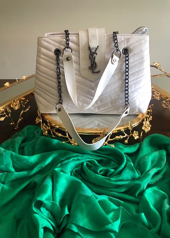 YSL Zincir Detaylı Beyaz Yılan Derisi Desenli Kadın Çanta