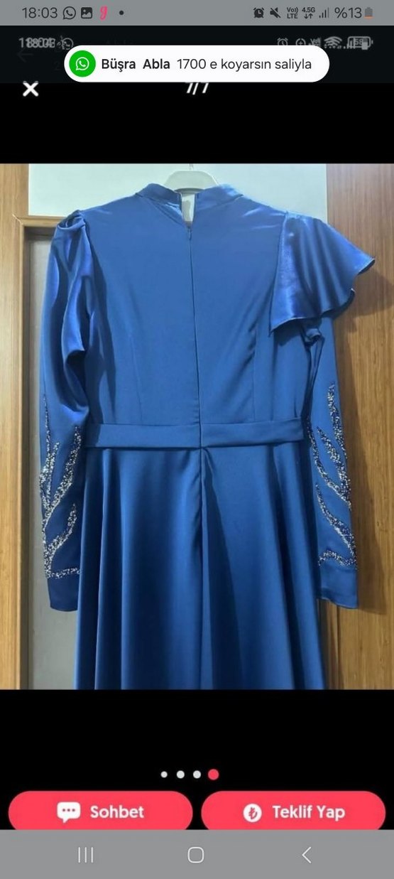 Mavi Uzun Kollu İşlemeli Abiye Elbise - Görsel 2