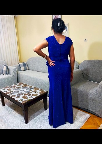 Mavi Drapeli V Yaka Midi Abiye Elbise - Görsel 4