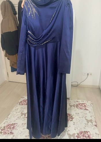 Diğer Mavi Uzun Kollu Drapeli Abiye Elbise